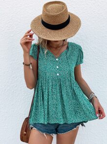 SHEIN VCAY 碎花繫帶領花瓣袖荷葉邊下擺襯衫 - 綠色 - 查看 7