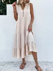 Vestido smock con diseño de botón bajo con fruncido - Albaricoque - Ver 1