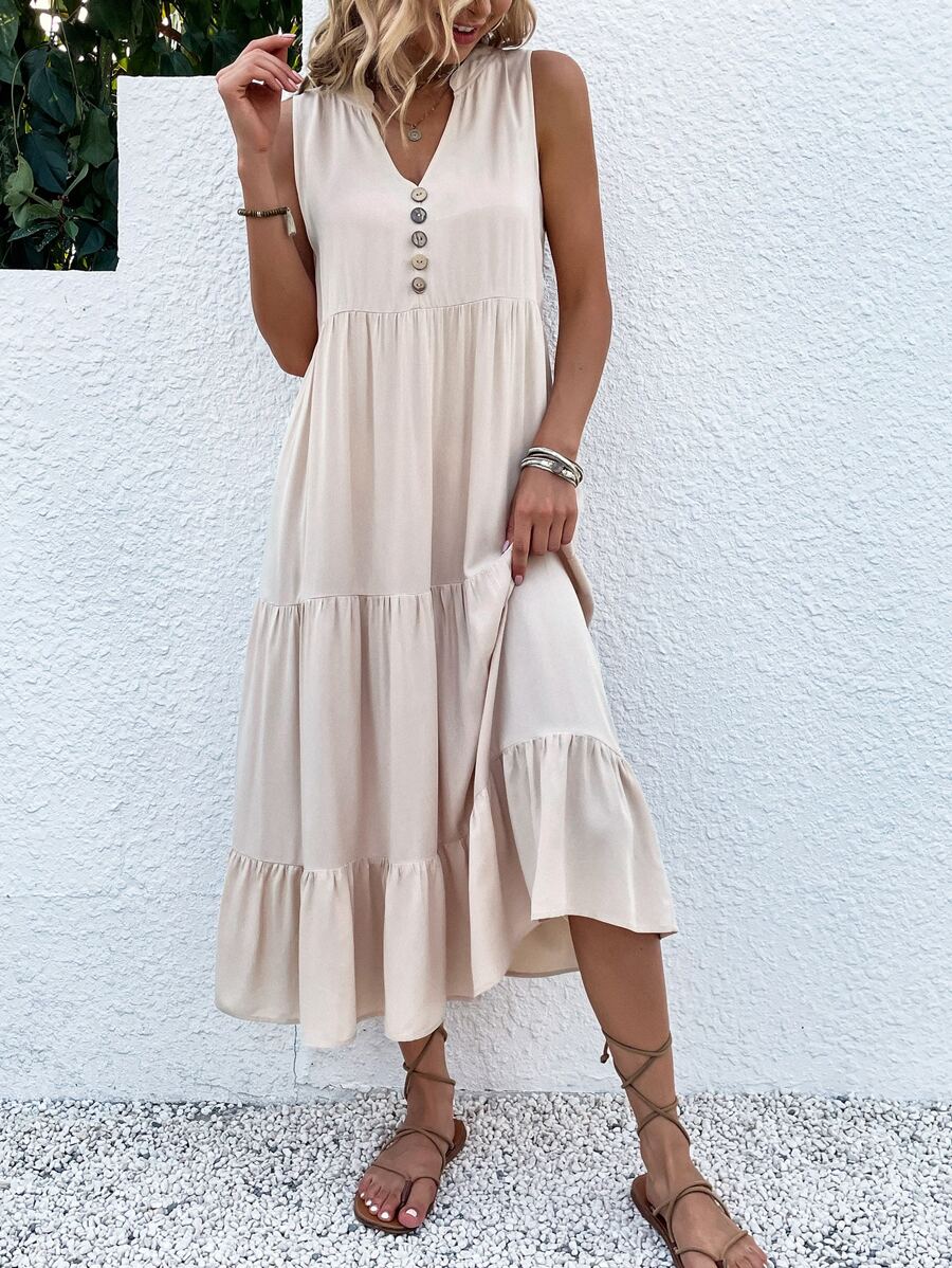 Vestido smock con diseño de botón bajo con fruncido - Albaricoque - Ver 1