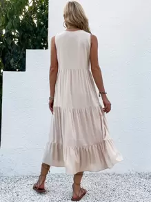 Vestido smock con diseño de botón bajo con fruncido - Albaricoque - Ver 2