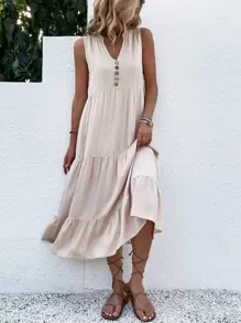 Vestido smock con diseño de botón bajo con fruncido - Albaricoque - Ver 4