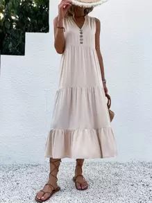 Vestido smock con diseño de botón bajo con fruncido - Albaricoque - Ver 5