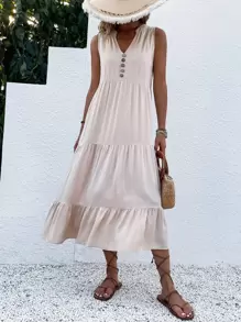 Vestido smock con diseño de botón bajo con fruncido - Albaricoque - Ver 6
