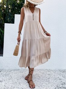 Vestido smock con diseño de botón bajo con fruncido - Albaricoque - Ver 7