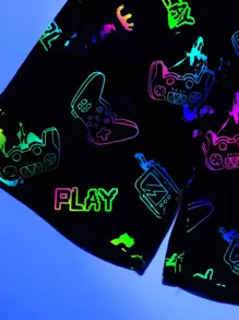 SHEIN Tween Boy夏季字母和卡通圖形T恤+彈性腰短褲，霓光派對服裝 - 黑色 - 查看 3