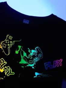 SHEIN Tween Boy夏季字母和卡通圖形T恤+彈性腰短褲，霓光派對服裝 - 黑色 - 查看 4