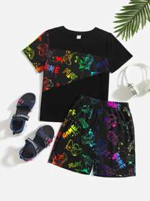 SHEIN Tween Boy夏季字母和卡通圖形T恤+彈性腰短褲，霓光派對服裝 - 黑色 - 查看 5