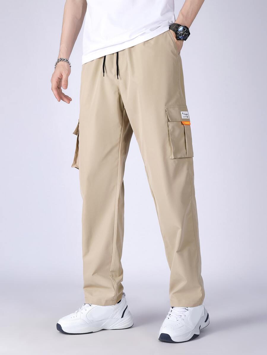 Manfinity Men Letter Patched Detail Flap Pocket Drawstring Waist Cargo Trousers - Khaki - View 1