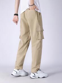Manfinity Men Letter Patched Detail Flap Pocket Drawstring Waist Cargo Trousers - Khaki - View 2