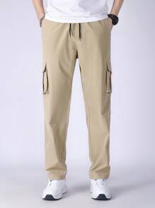 Manfinity Men Letter Patched Detail Flap Pocket Drawstring Waist Cargo Trousers - Khaki - View 3