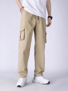 Manfinity Men Letter Patched Detail Flap Pocket Drawstring Waist Cargo Trousers - Khaki - View 4