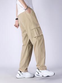 Manfinity Men Letter Patched Detail Flap Pocket Drawstring Waist Cargo Trousers - Khaki - View 5