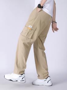 Manfinity Men Letter Patched Detail Flap Pocket Drawstring Waist Cargo Trousers - Khaki - View 7