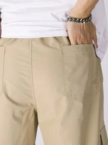 Manfinity Men Letter Patched Detail Flap Pocket Drawstring Waist Cargo Trousers - Khaki - View 8