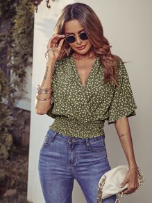 Breezaya Áo sơ mi nữ Trọn gói Dải chun Họa tiết hoa Boho - Màu xanh Ô liu - Xem 1