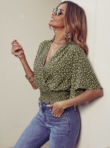 Breezaya Áo sơ mi nữ Trọn gói Dải chun Họa tiết hoa Boho - Màu xanh Ô liu - Xem 3
