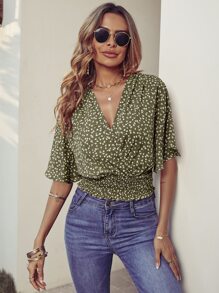 Breezaya Áo sơ mi nữ Trọn gói Dải chun Họa tiết hoa Boho - Màu xanh Ô liu - Xem 4