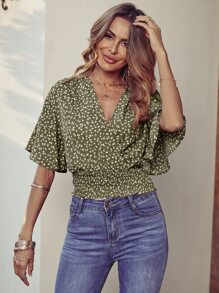 Breezaya Áo sơ mi nữ Trọn gói Dải chun Họa tiết hoa Boho - Màu xanh Ô liu - Xem 7