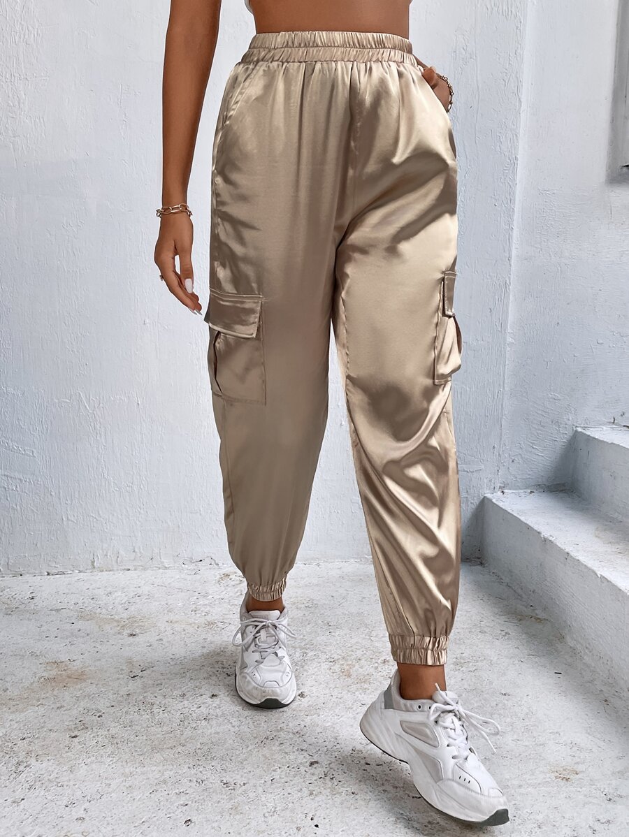 Flap Pocket Side Satin Cargo Trousers - Champagne - View 1