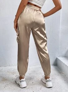 Flap Pocket Side Satin Cargo Trousers - Champagne - View 2