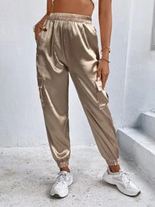 Flap Pocket Side Satin Cargo Trousers - Champagne - View 3
