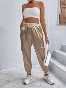 Flap Pocket Side Satin Cargo Trousers - Champagne - View 4