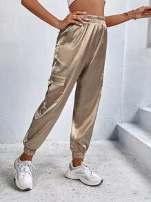 Flap Pocket Side Satin Cargo Trousers - Champagne - View 5