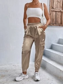 Flap Pocket Side Satin Cargo Trousers - Champagne - View 6