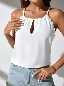 SHEIN Frenchy Áo hai dây Tương phản ren Cắt ra Buộc lại màu trơn Giải trí - trắng - Xem 1