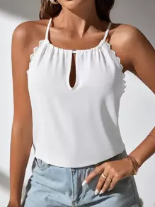 SHEIN Frenchy Áo hai dây Tương phản ren Cắt ra Buộc lại màu trơn Giải trí - trắng - Xem 3