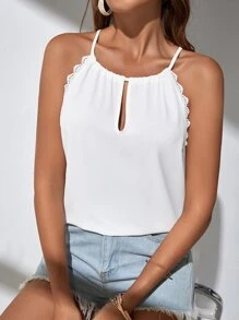 SHEIN Frenchy Áo hai dây Tương phản ren Cắt ra Buộc lại màu trơn Giải trí - trắng - Xem 4