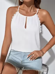 SHEIN Frenchy Áo hai dây Tương phản ren Cắt ra Buộc lại màu trơn Giải trí - trắng - Xem 5