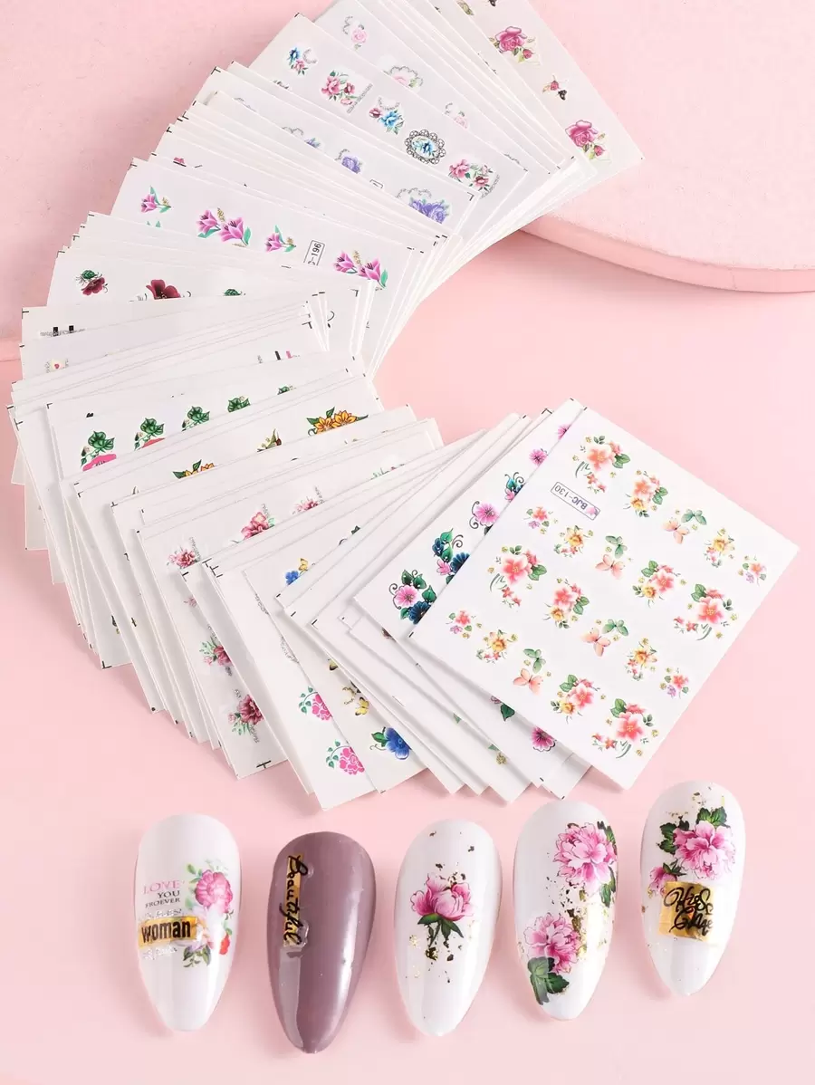 FULL BEAUTY 55张花朵图案美甲水贴纸 DIY美甲饰品 美甲宝石 美甲用品 美甲 - 彩色 - 查看 1