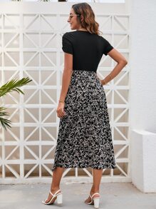 SHEIN Clasi Ditsy Floral Ruched Side A-line Dress - Black - View 2