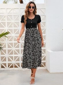 SHEIN Clasi Ditsy Floral Ruched Side A-line Dress - Black - View 5