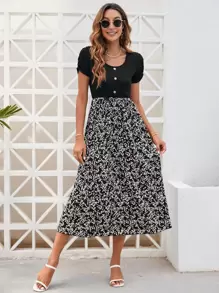 SHEIN Clasi Ditsy Floral Ruched Side A-line Dress - Black - View 6