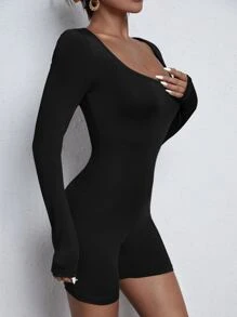 SHEIN Essnce Solid Scoop Neck Unitard Romper - Black - View 4