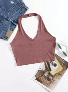 SHEIN Unity Top halter corto tejido de canalé - Rosa vieja - Ver 1