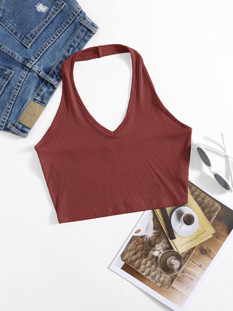 SHEIN Unity Rib-Knit Crop Halter Top - Red - View 1