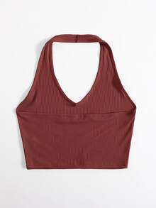 SHEIN Unity Rib-Knit Crop Halter Top - Red - View 2