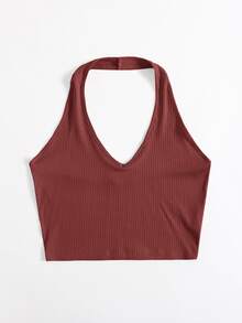 SHEIN Unity Rib-Knit Crop Halter Top - Red - View 3