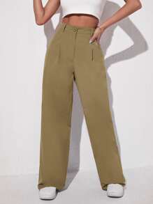 Muchica Quần nữ Nút Túi Dây kéo màu trơn Giải trí - Màu Khaki - Xem 3