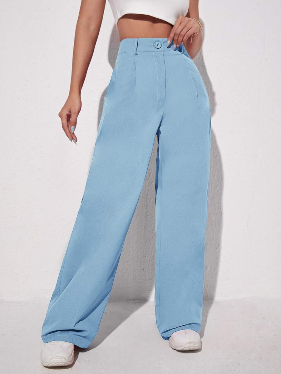SHEIN EZwear Pantalones de pierna ancha unicolor - Celeste - Ver 1