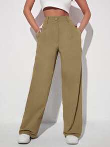 Muchica Quần nữ Nút Túi Dây kéo màu trơn Giải trí - Màu Khaki - Xem 5