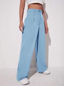 SHEIN EZwear Pantalones de pierna ancha unicolor - Celeste - Ver 4
