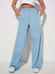 SHEIN EZwear Pantalones de pierna ancha unicolor - Celeste - Ver 5