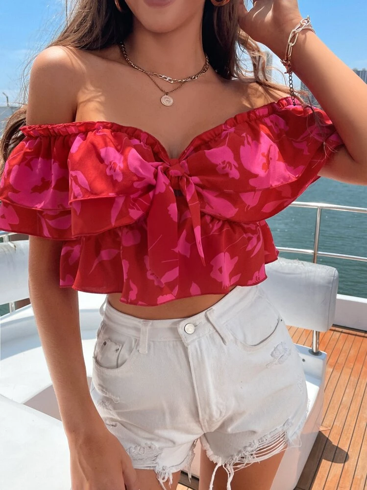 Breezaya Floral Print Off Shoulder Tie Front Ruffle Trim Blouse, Women Cruise Outfit - Red - View 1