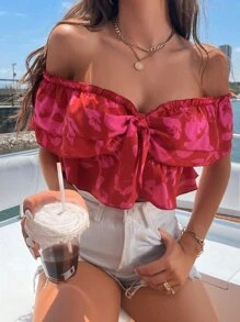 Breezaya 印花露肩系带荷叶边上衣 - 紅色 - 查看 3