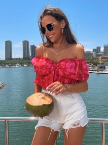 Breezaya 印花露肩系带荷叶边上衣 - 紅色 - 查看 5