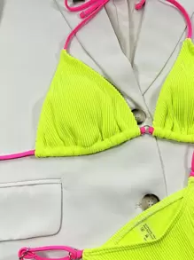 BamGleam Summer Beach Neon Lime Ribbed Halter Triangle Bra Top & Thong 2 Pieces Bikini Bathing Suit - Lime Green - View 3